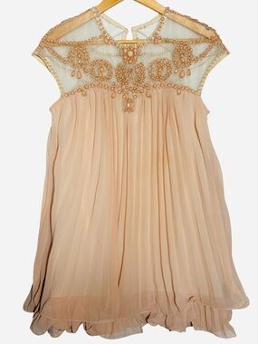 Chicwish Peach Beaded Babydoll Dress Boho Sheer Overlay Embellished Mini S/M